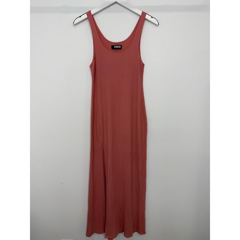 Reformation Ribbed Maxi Dress L Terracotta Side Slit 90s Minimalist Quiet Luxury